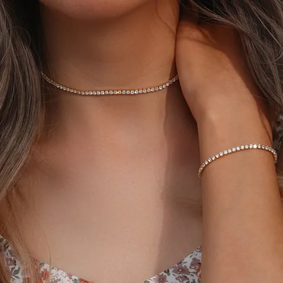 NEW 14K GOLD TENNIS CHAIN CHOKER NECKLACE, NICE NECKLACE, CUTE NECKLACE - Picture 2 of 6